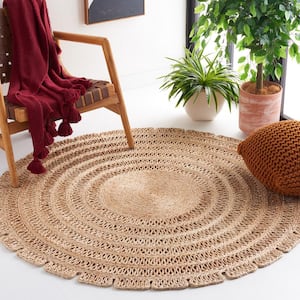 Natural Fiber Beige 5 ft. x 5 ft. Woven Ornate Round Area Rug