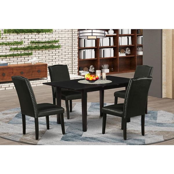 East West Furniture 5-Piece Black Finish Solid Wood Top - Rectangular Upholstered Dining Room Set with Butterfly Leaf - Seats 4