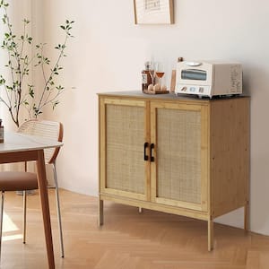 Yellow Bamboo 31.4 in. W Accent Cabinet Office Storage Cabinet Sideboard with Rattan Doors
