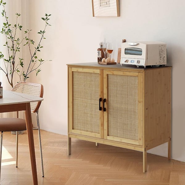 VEIKOUS Yellow Bamboo 31.4 in. W Accent Cabinet Office Storage Cabinet Sideboard with Rattan Doors