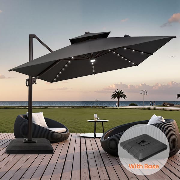 11 ft. x 9 ft. Solar LED Patio Umbrella and 240 lbs. 4-Piece Base 360° Rotatable Outdoor Cantilever Umbrella in Black