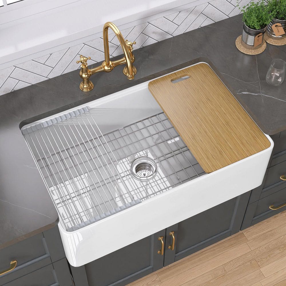 30 in. Fireclay Workstation Kitchen Sink Farmhouse Apron Front Single Bowl in White with Cutting Board and Accessory Kit price history on PriceWatchPro