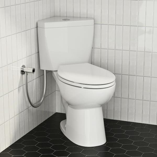 Corner Toilet 17.7 in. ADA Compact Toilet 2-Piece White Elongated Soft Close Seat 1.0/1.6 GPF Dual Flush 12 in. Rough-in