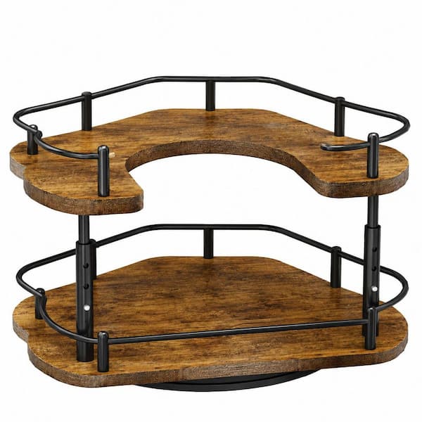 12 in. Vintage D-Shaped Lazy Susan Spice Rack Organizer, Height Adjustable 2-Tier Wood Turntable for Cabinet