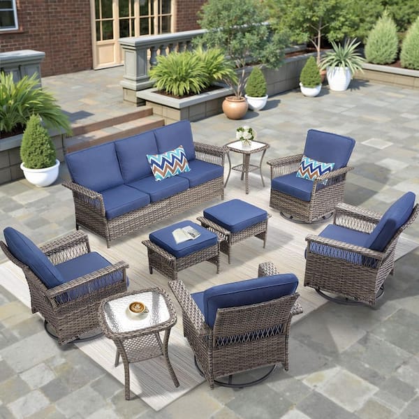 9-Pieces Patio Conversation Wicker Outdoor Set, 1-Sofa, 4-Swivel Chairs 2-Footstools and 2-Sid Table with Blue Cushions