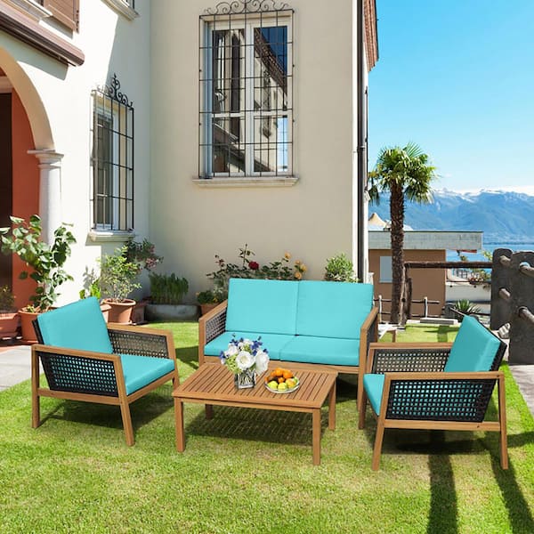 4 Pieces Wood Patio Conversation Set with Turquoise Removable Cushions