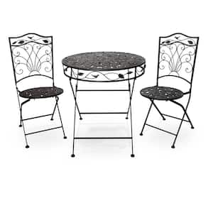 Indoor/Outdoor 3-Piece Iron Garden Bistro Set Folding Table and Chairs Patio Seating with Leaf Design