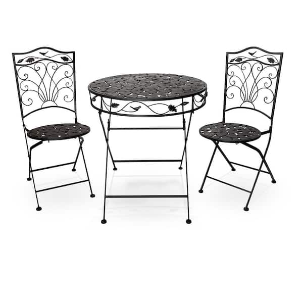 Alpine Corporation Indoor/Outdoor 3-Piece Iron Garden Bistro Set Folding Table and Chairs Patio Seating with Leaf Design