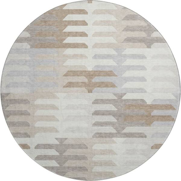 Mayfield Premium Machine Washable Abstract AMF2328 Ivory 8 ft. x 8 ft. Round Rug