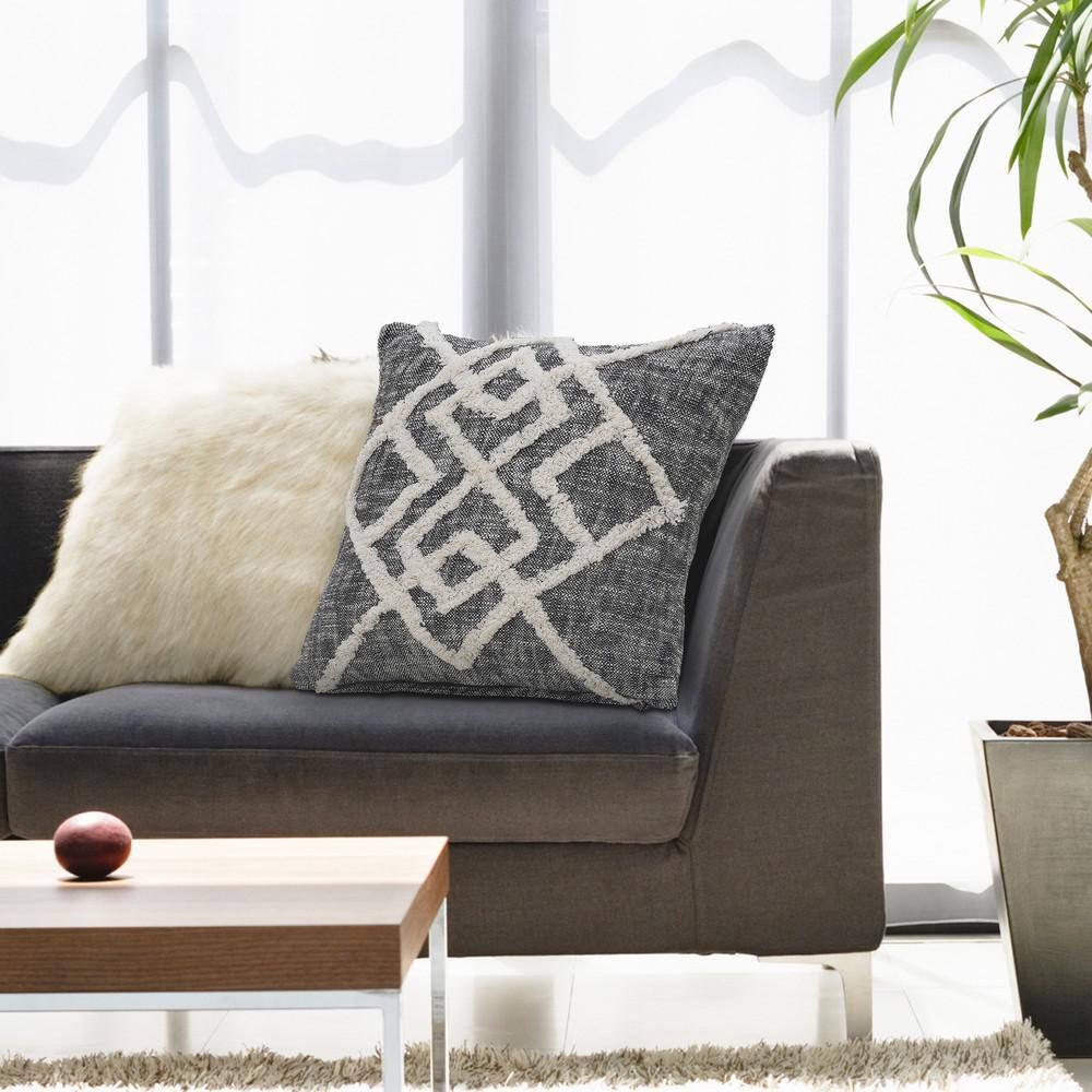 Black and Cream Tufted Geometric Diamond Square Throw Pillow, 20"