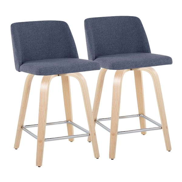 Lumisource Toriano 24.25 in. Blue Fabric, Natural Wood and Chrome Metal Fixed-Height Counter Stool (Set of 2)