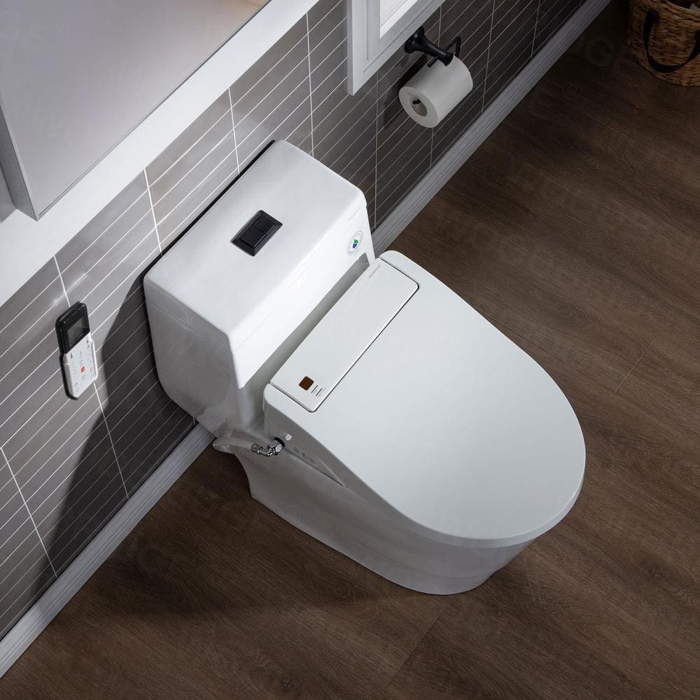 White Porcelain Elongated One-Piece Dual Flush Toilet with Smart Bidet