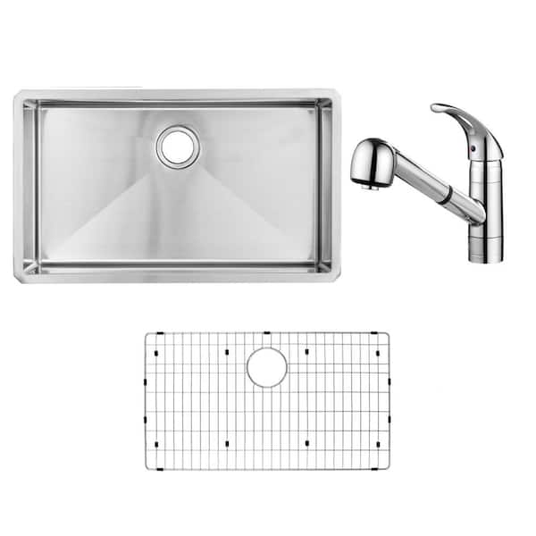 32 in. Handmade Tiny Radius Undermount Single Bowl 16 Gauge Stainless Steel Kitchen Sink with Pull-Out Chrome Faucet