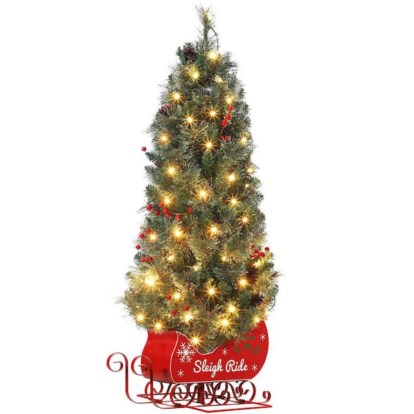 4.5 ft. Pre-Lit Artificial Christmas Tree with 85 Clear Lights, Timer, Pine Cones and Sleigh Base for Front Door, Porch