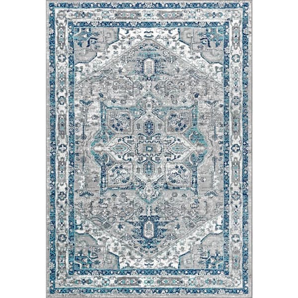 Modern Persian Vintage Medallion Light Grey/Blue 5 ft. x 8 ft. Area Rug