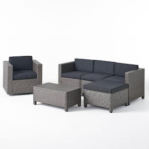 Puerta Mixed Black 6-Piece Metal Patio Conversation Sectional Seating Set with Dark Grey Cushions
