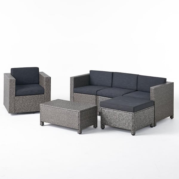 Noble House Puerta Mixed Black 6-Piece Metal Patio Conversation Sectional Seating Set with Dark Grey Cushions