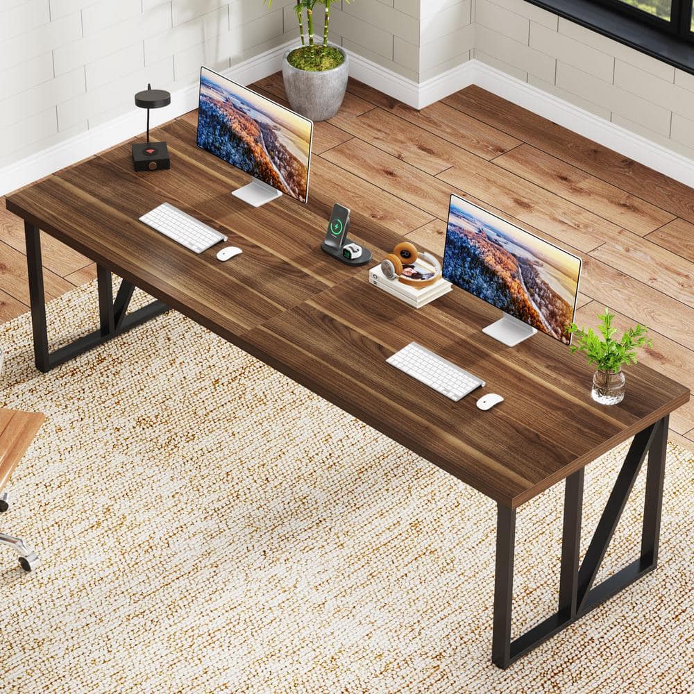 Moronia 78.7 in. Rectangular Brown Wood 2-Person Computer Desk with Metal Frame for Home Office