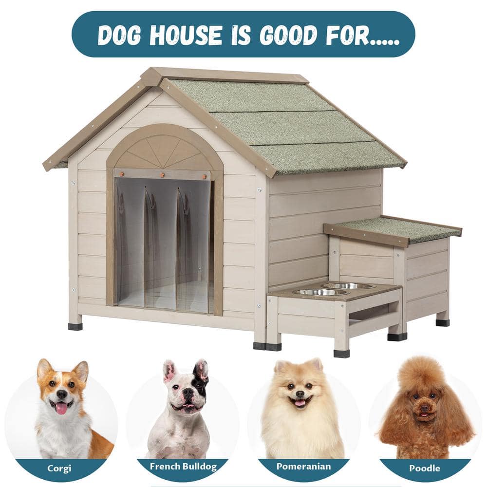 Medium Outdoor Fir Wood Dog House with Storage and Feeding Station