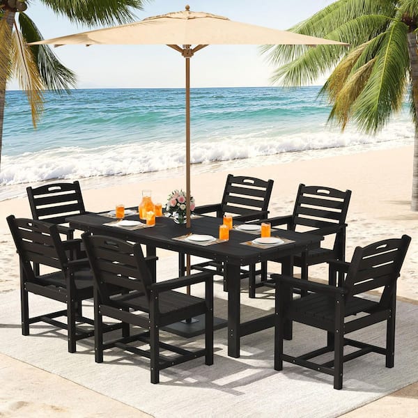 7-Piece Plastic Rectangular Outdoor Dining Set, HDPE Patio Table with Umbrella Hole and 6 HDPE Patio Chairs for Lawn