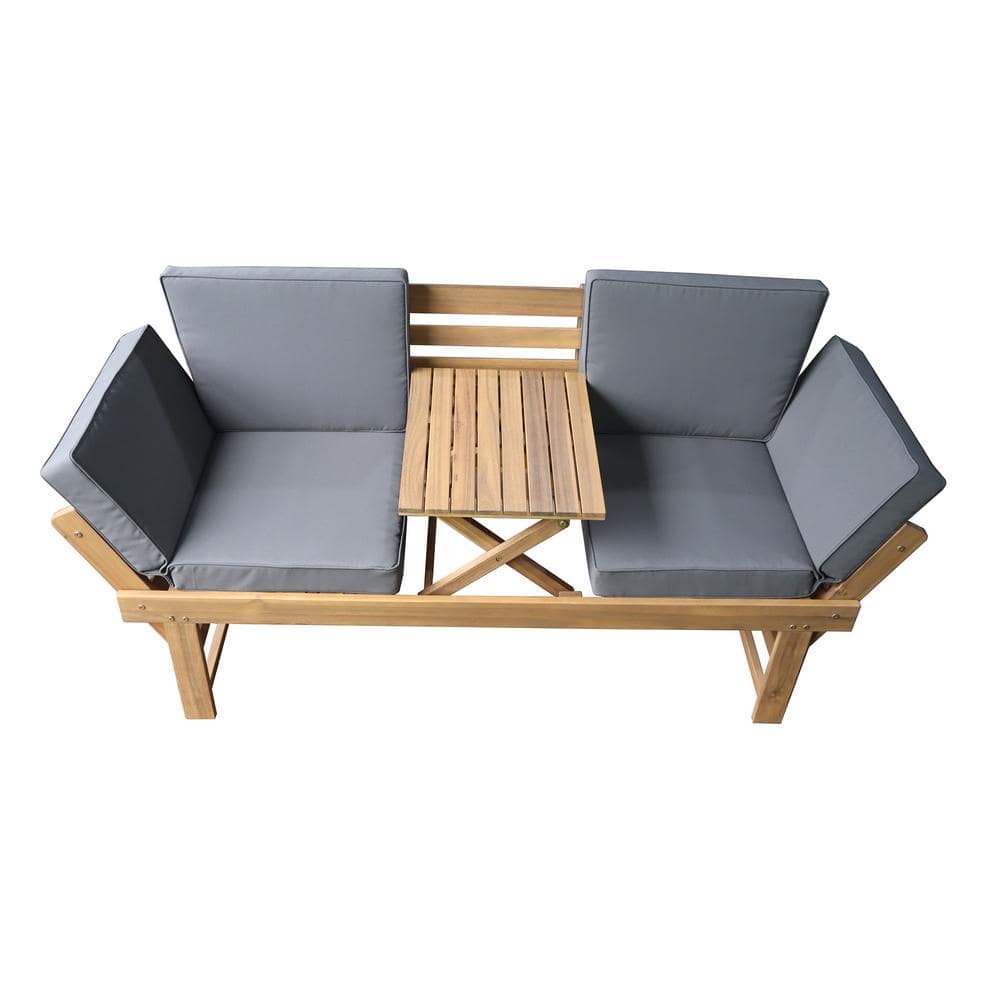 Outdoor Acacia Wood 3-Person Patio Bench with Fold Down Table