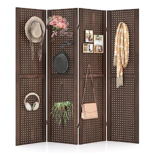 4-Panel Pegboard Display 5 ft. Folding Privacy Screen with Solid Wood Frame Brown