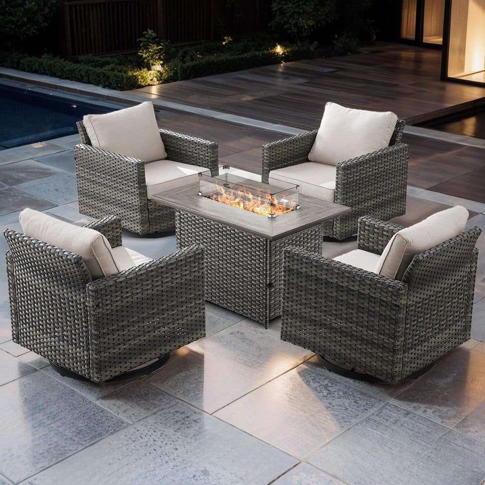 UvaNest 5-Piece Gray Wicker Patio Fire Pit Conversation Set with Beige Cushions and Outdoor Swivel Rocking Chair price history on PriceWatchPro