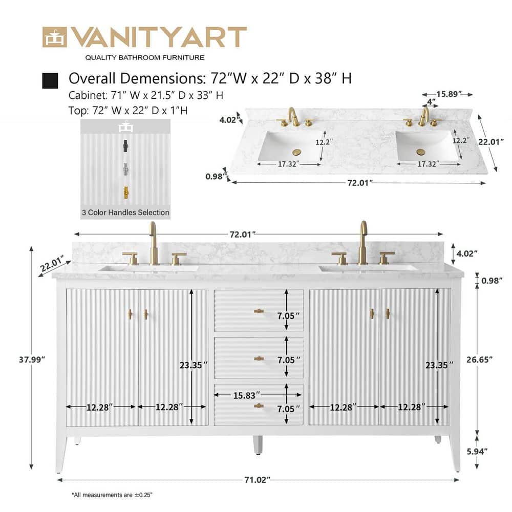 72" Linear White Double Sink Vanity with Golden Brushed Hardware