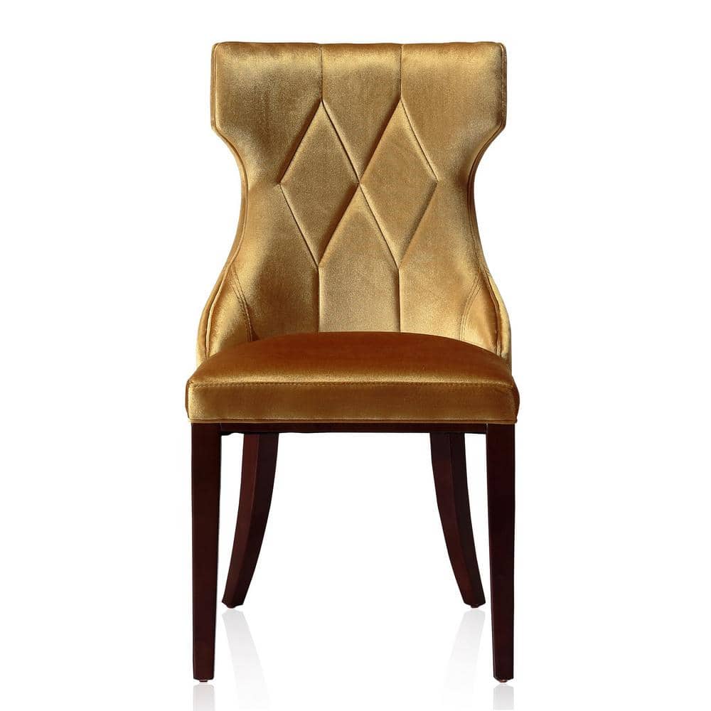 Antique Gold and Walnut Velvet Wingback Dining Chair Pair