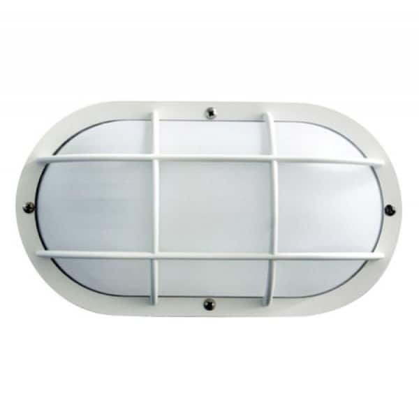 Nautical Oblong White Outdoor Hardwired Bulkhead Sconce with 3000K LED Bulb and Grid-Style Diffuser Cage