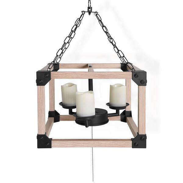 Morandi Grey Cypress 3-Light Wood Color LED Outdoor Chandelier Light with Decorative Candle