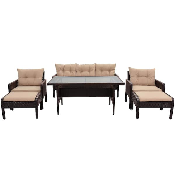 Unbranded Brown 6-Piece Wicker Outdoor Dining Table Set with Coffee Cushions
