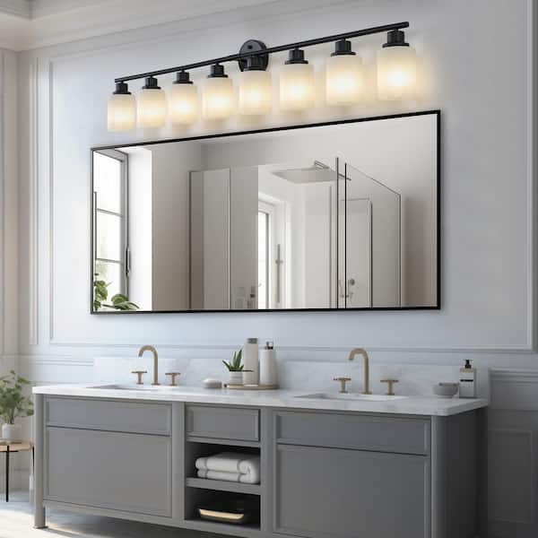 52 in. 8-Light Black Iron Frame Bathroom Mirror Vanity Light Wall Sconce w/ Frosted White Glass (Bulb Not Included)
