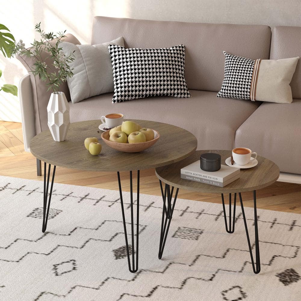 Rustic Brown Round Nesting Coffee Table Set with MDF Top
