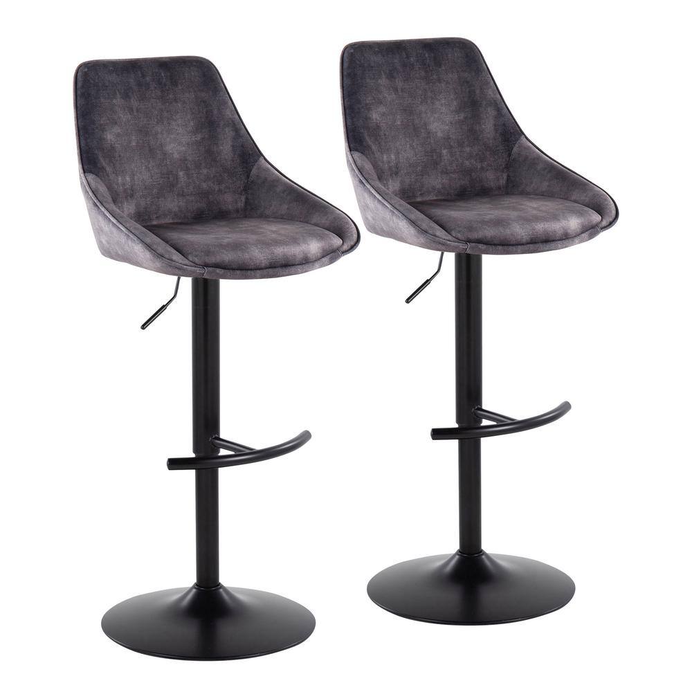 Gray Velvet Adjustable Swivel Barstools with Black Metal Base, Set of 2