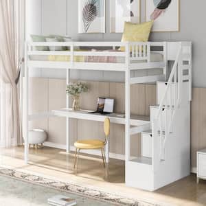 White Twin Size Loft Bed with Staircase and Built-in Desk
