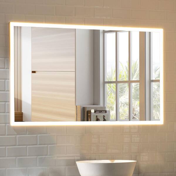 Photo 1 of 48 in. W x 28 in. H Framed Rectangular LED Light Bathroom Vanity Mirror