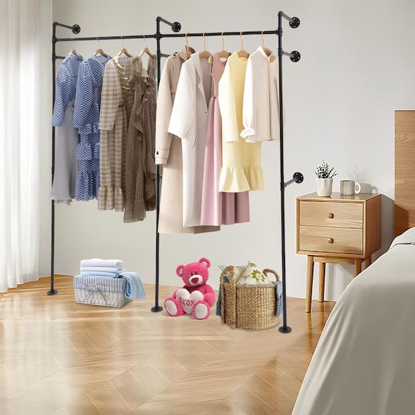 YIYIBYUS Black Metal Iron Pipe Clothes Rack Wall Mounted