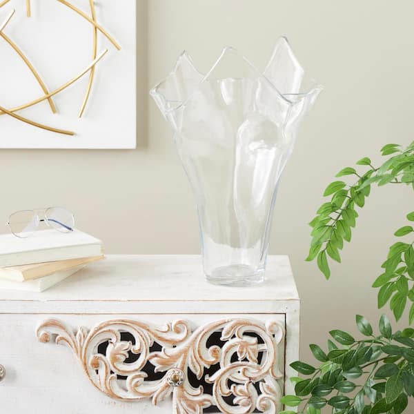 Litton Lane Clear Tulip Inspired Glass Floral Decorative Vase with Wavy Opening