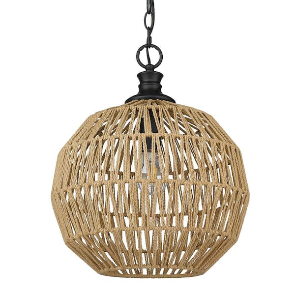 Golden Lighting Florence 1-Light Matte Black Globe Pendant with Natural Raphia Rope Shade