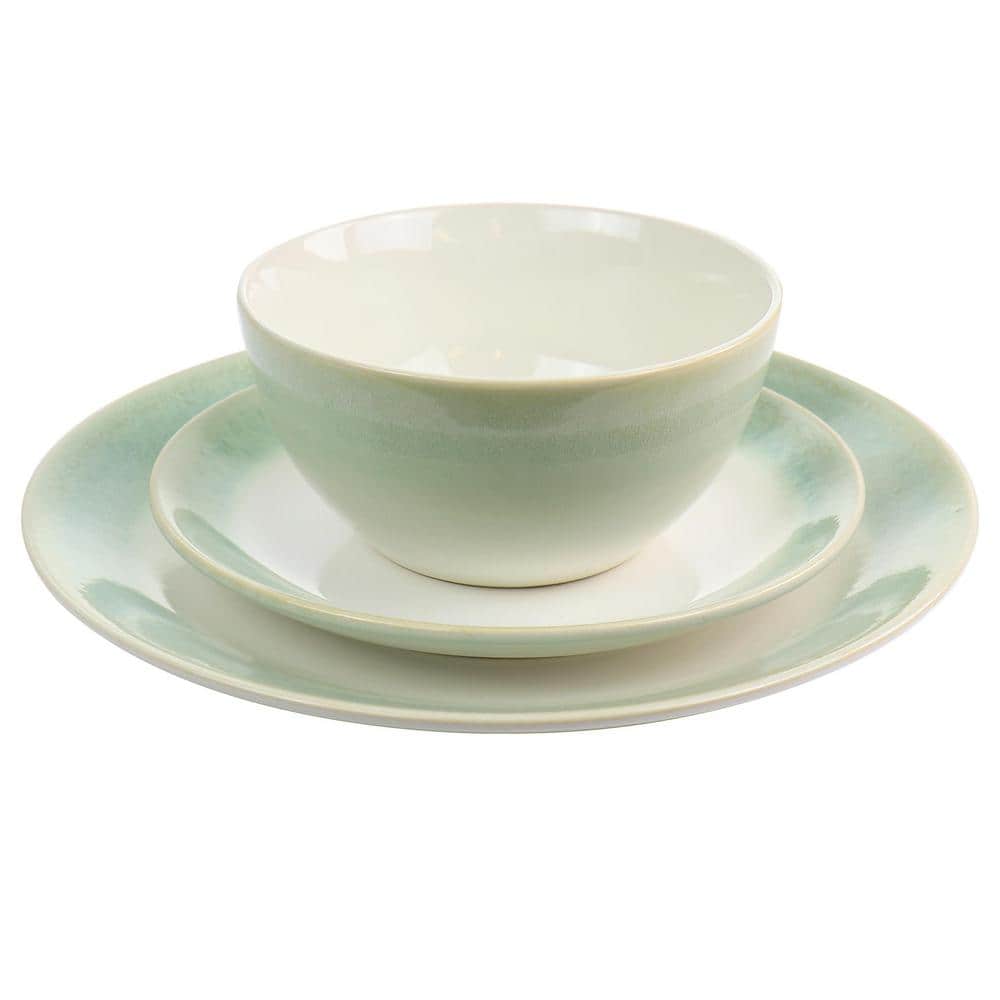 Green and White Ceramic 12-Piece Dinnerware Set, Service for 4