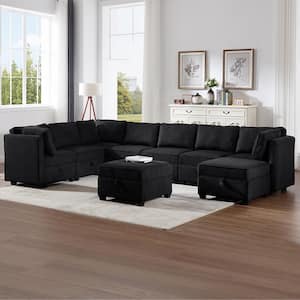 108.5 in. 9-Piece Oversized Modular Sofa Couch Black Linen Living Room Set Sectional with Storage Ottoman