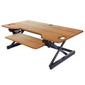 46 in. Teak and Black Standing Desk Converter and Triple Monitor Stand w/Cable Clips