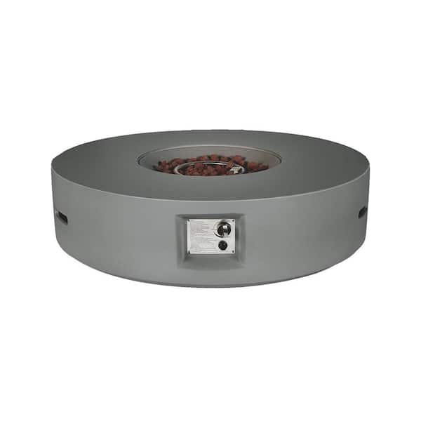 Lexora Brillare 42 in. D x 12 in. H Round Outdoor Fireproof Magnesium Oxide Gas Firepit Table with Burner Kit in Light Grey