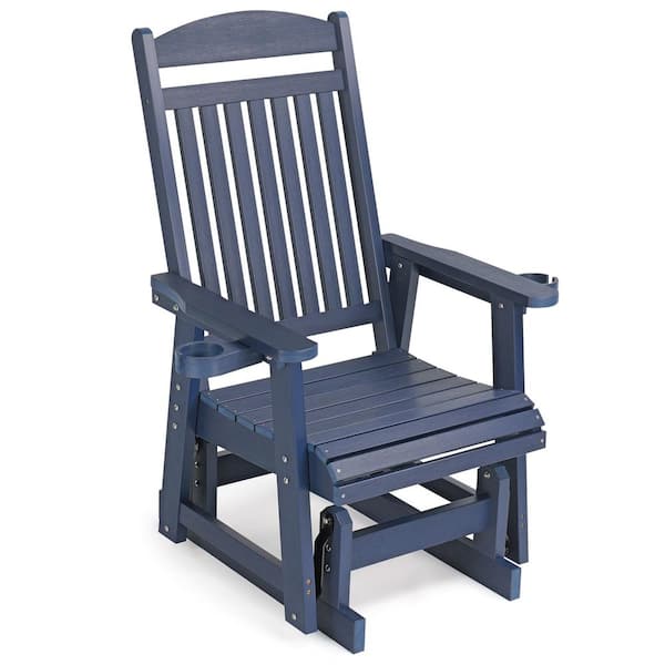 1-Person Poly Lumber Plastic Patio Glider with Cup Holders, High Backrest and Deep Contoured Seat, HIPS Material, Blue