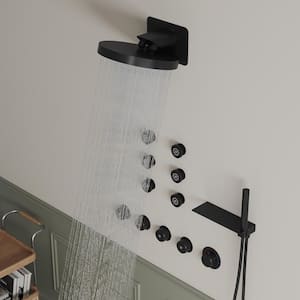 15-Spray Patterns 12.6 in. Dual Shower Head Wall Mount Fixed Shower Head in Matte Black (Valve Included)