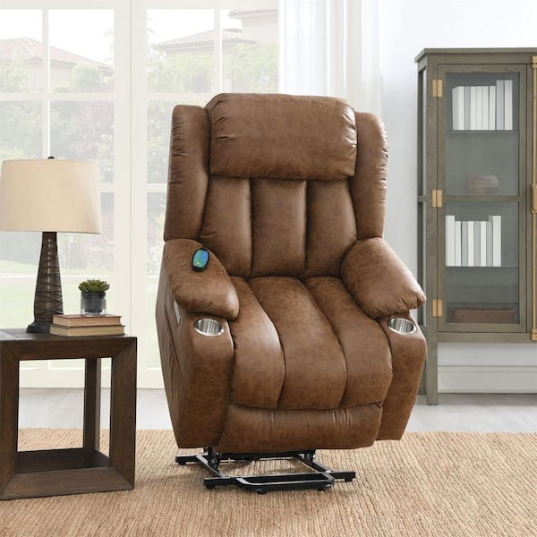 Brown Faux Leather Power Lift Recliner Chair Motion Recliners with Dual Cup Holder, Heating and Massage Function