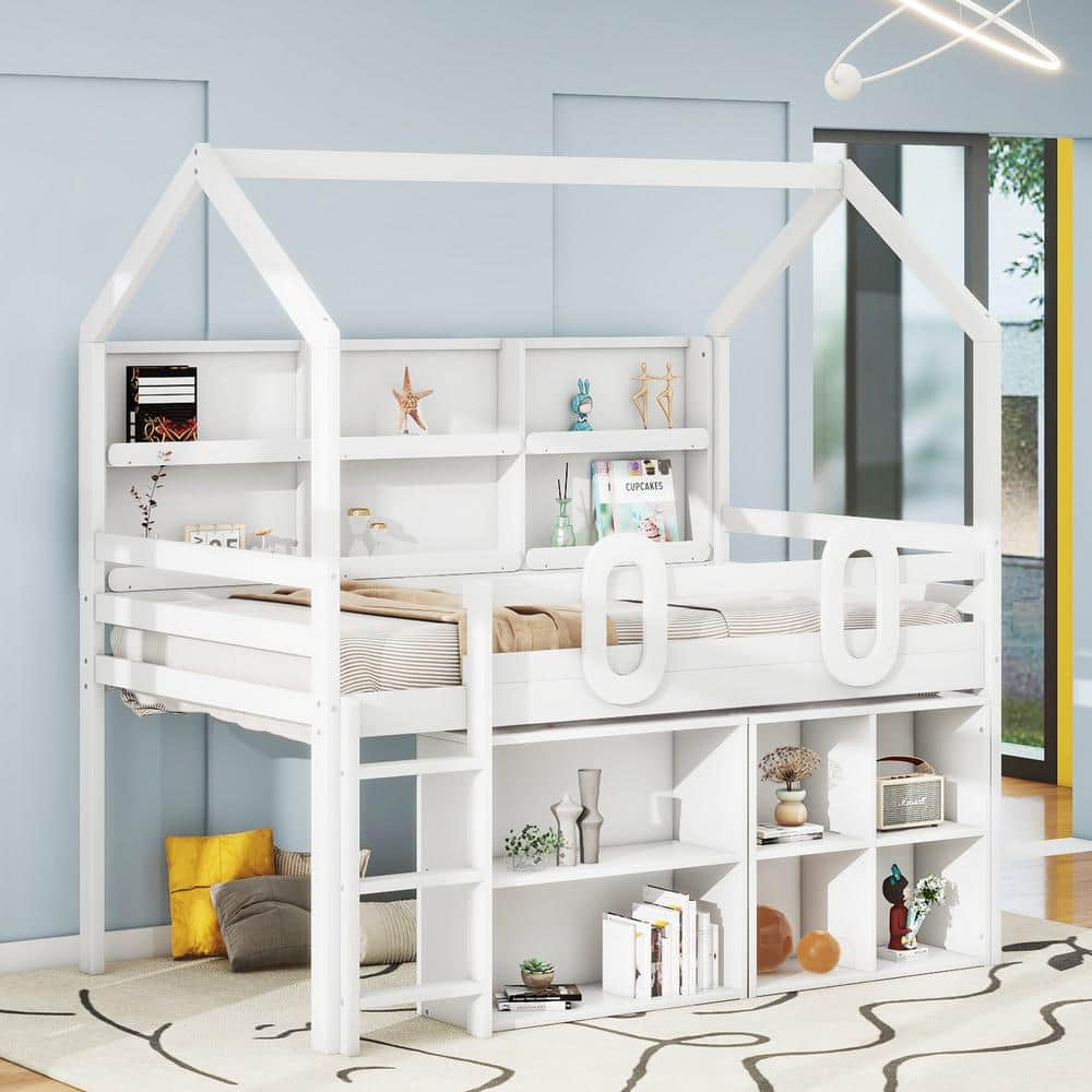 Harper & Bright Designs White Twin Size Wood House Loft Bed with ...