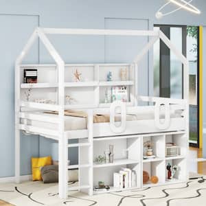 White Twin Size Wood House Loft Bed with Multiple Storage Shelves, Full-Length Guardrails, Built-in Ladder
