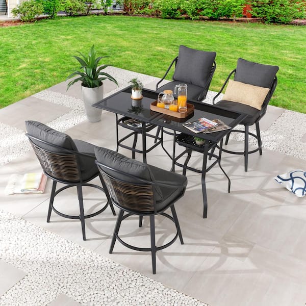 6-Piece Metal Bar Height Outdoor Dining Set with Gray Cushions